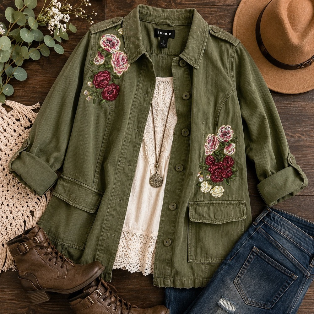 Torrid olive green Floral Embroidered button utility jacket womens plus Size 2